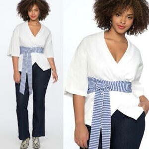 ELOQUII Wrap Top White/Blue with Stripes